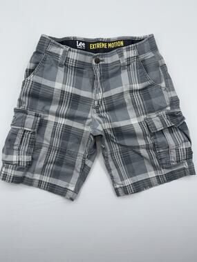 Lee Extreme Motion Cargo Short Men 30 Gray Cotton Plaid Workwear Utility Stretch